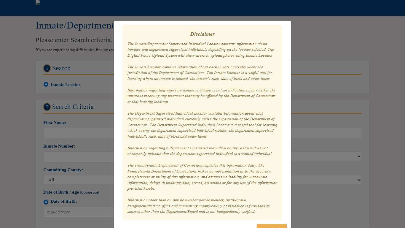 Inmate/Department Supervised Individual Locator